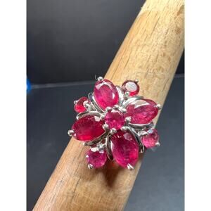 Vintage ruby flower cluster sterling silver ring size 7